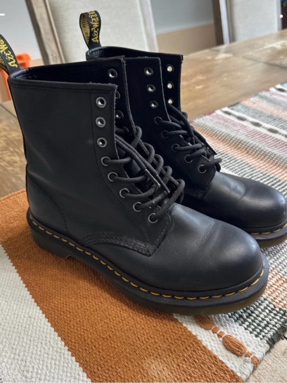 Dr. Martens Black Leather 8-Eye Lace-Up Boots with Yellow Stitching